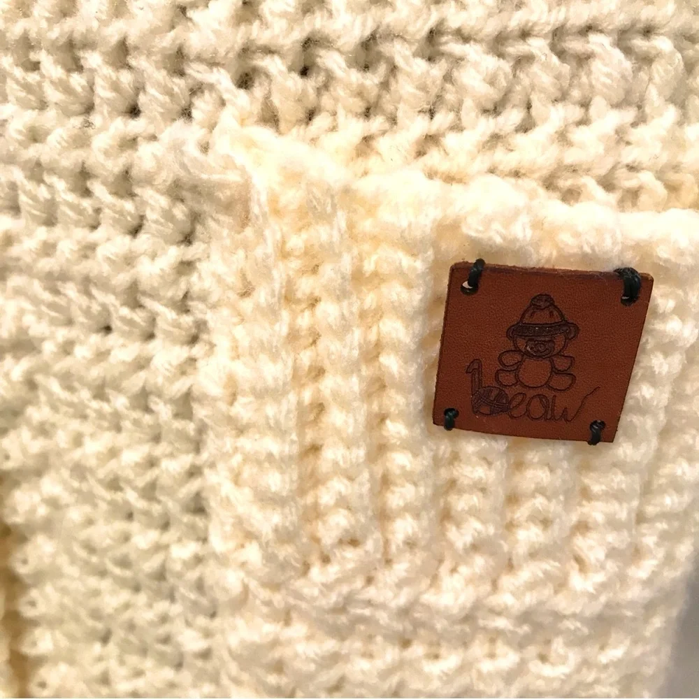 Hand-Made Crocheted Ivory Chunky Knit Cardigan Sweater